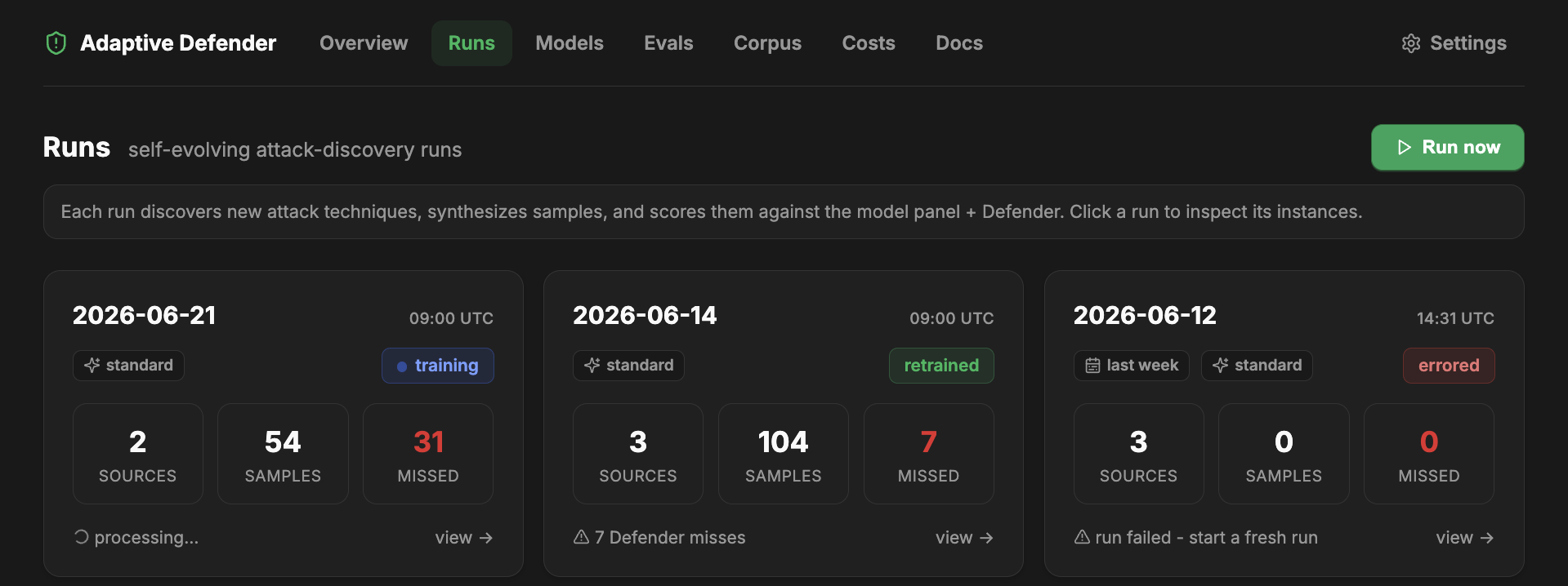 Three weeks of runs in the Adaptive Defender dashboard. The 2026-06-14 cycle surfaced 7 Defender misses across 104 samples and progressed cleanly through corpus integration to retrain. The 2026-06-21 cycle is mid-retrain right now: 54 newly discovered samples (31 of them current-Defender misses) became the training delta. The errored 2026-06-12 run is included on purpose, because real workflows fail and "start a fresh run" is part of the loop. Miss counts per run are per-cycle discovery yield against adversarially-hard inputs, not a benchmark recall number.