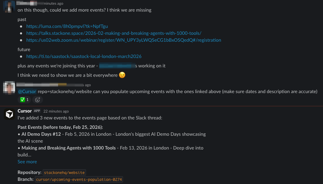 Marketing asks to add upcoming events via Slack, CTO tags @Cursor with the repo — it creates a branch and populates the page 22 minutes later