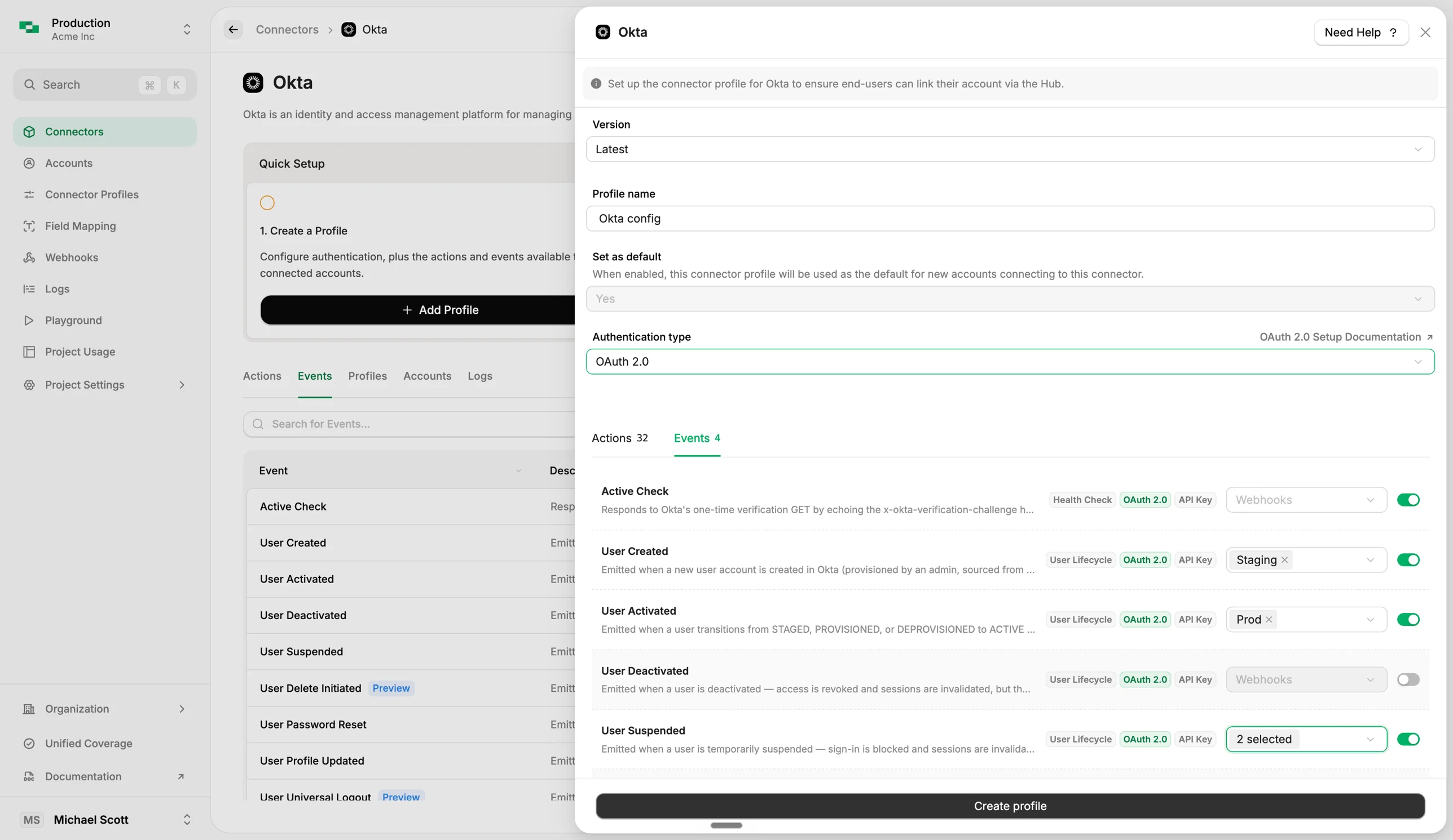 The Events tab on a connector profile in StackOne, where each event has a toggle and a dropdown to route it to a webhook