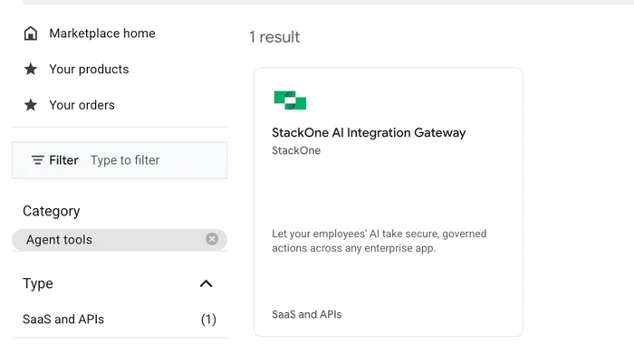 The StackOne AI Integration Gateway listing in Google Cloud Marketplace search results