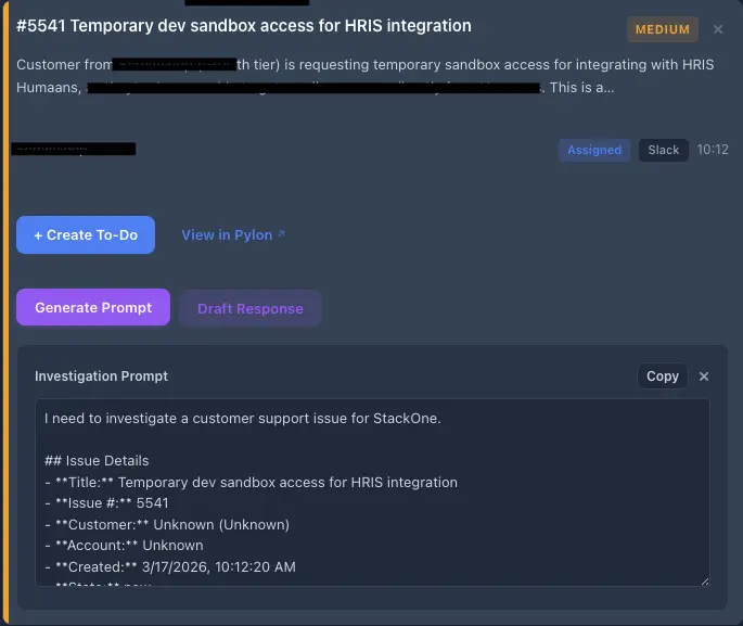 StackDash issue detail view showing a generated investigation prompt with issue title, customer details, and structured markdown ready to paste into Claude Code