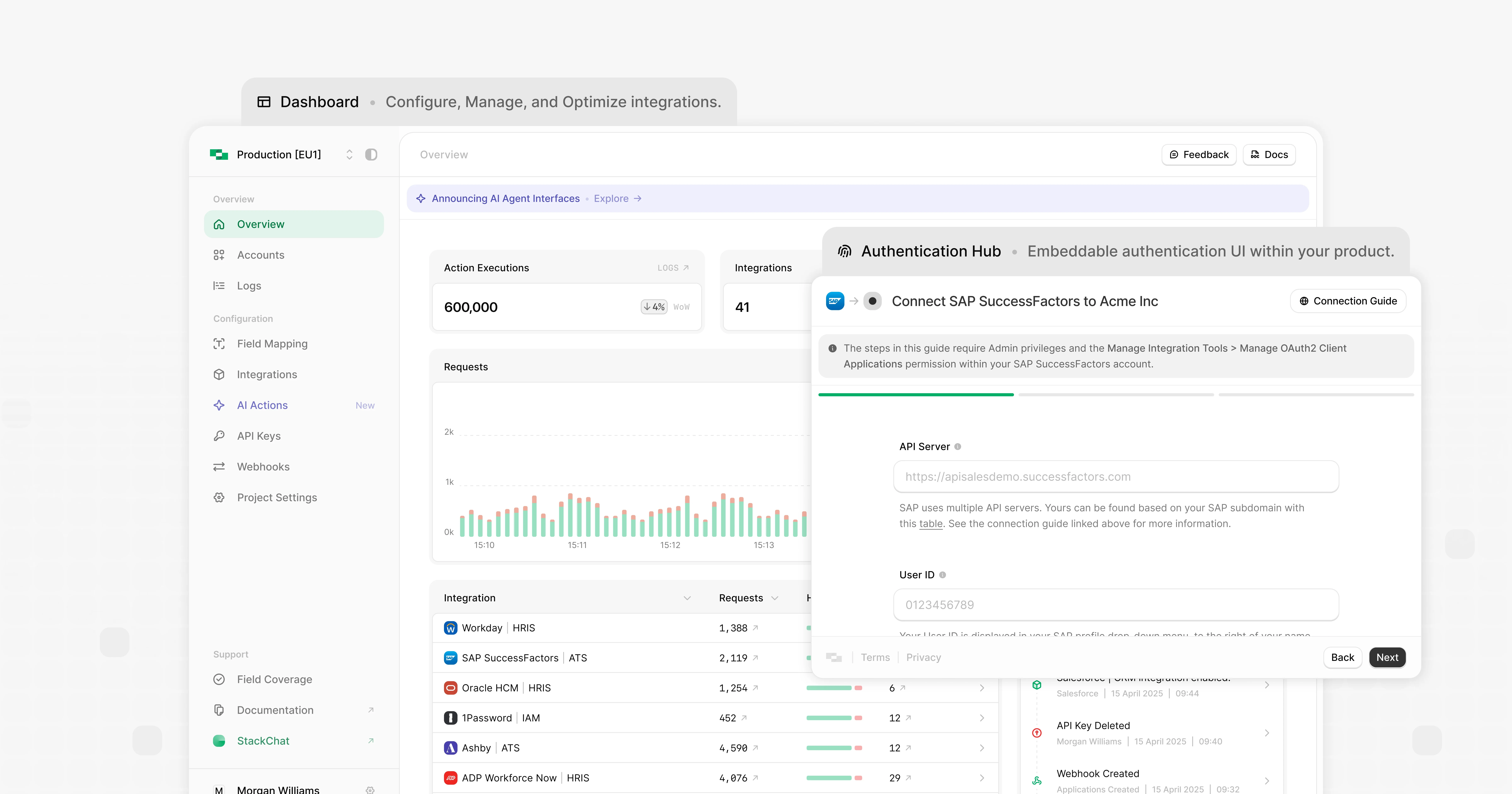 StackOne's admin dashboard and embedded authentication hub enable product teams to ship integrations in days, not months.