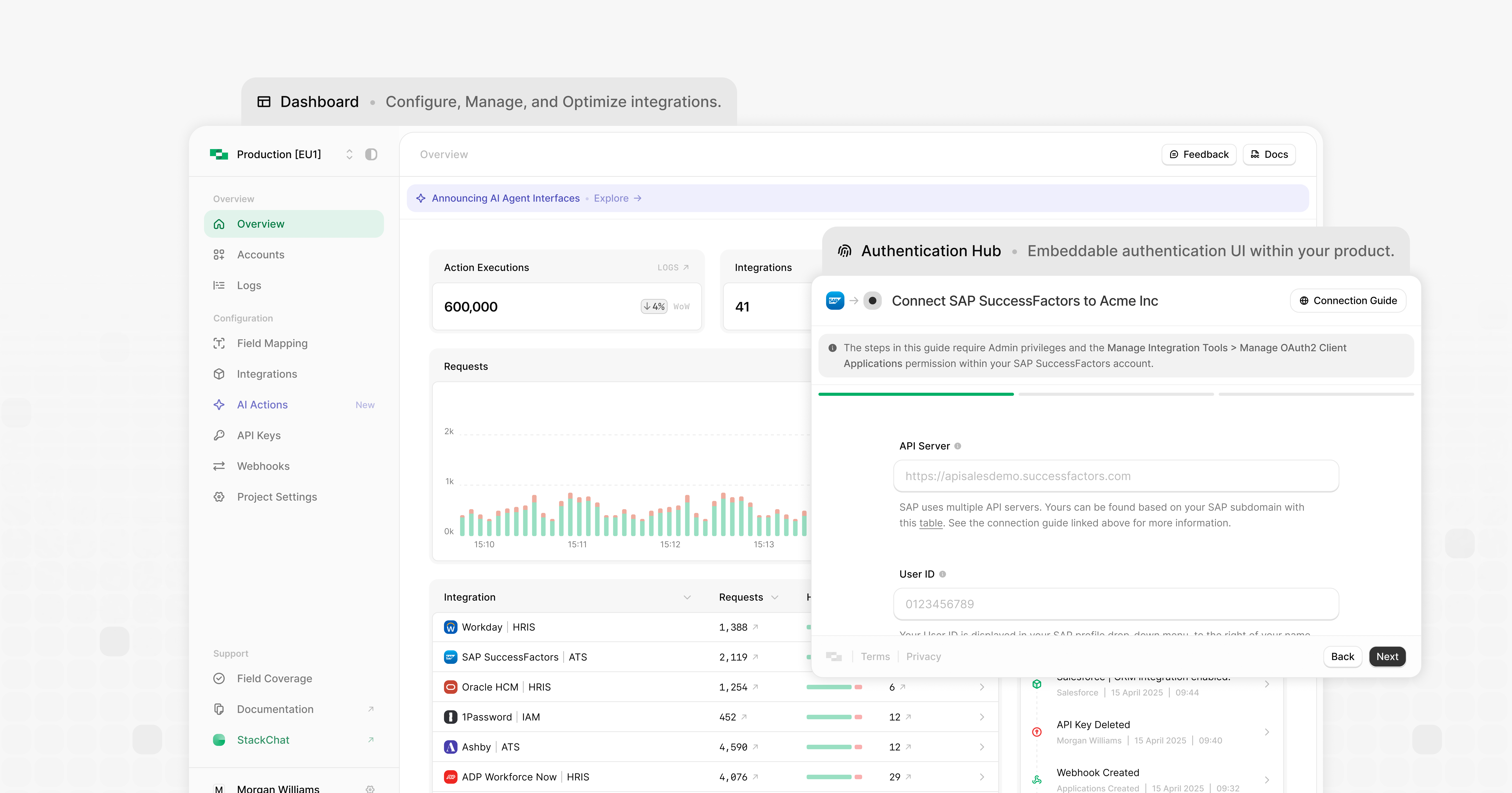 StackOne's admin dashboard and embedded authentication hub enable product teams to ship integrations in days, not months