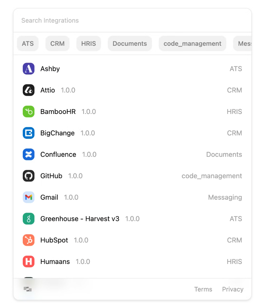 StackOne Connect Hub — search integrations, filter by category, select a provider