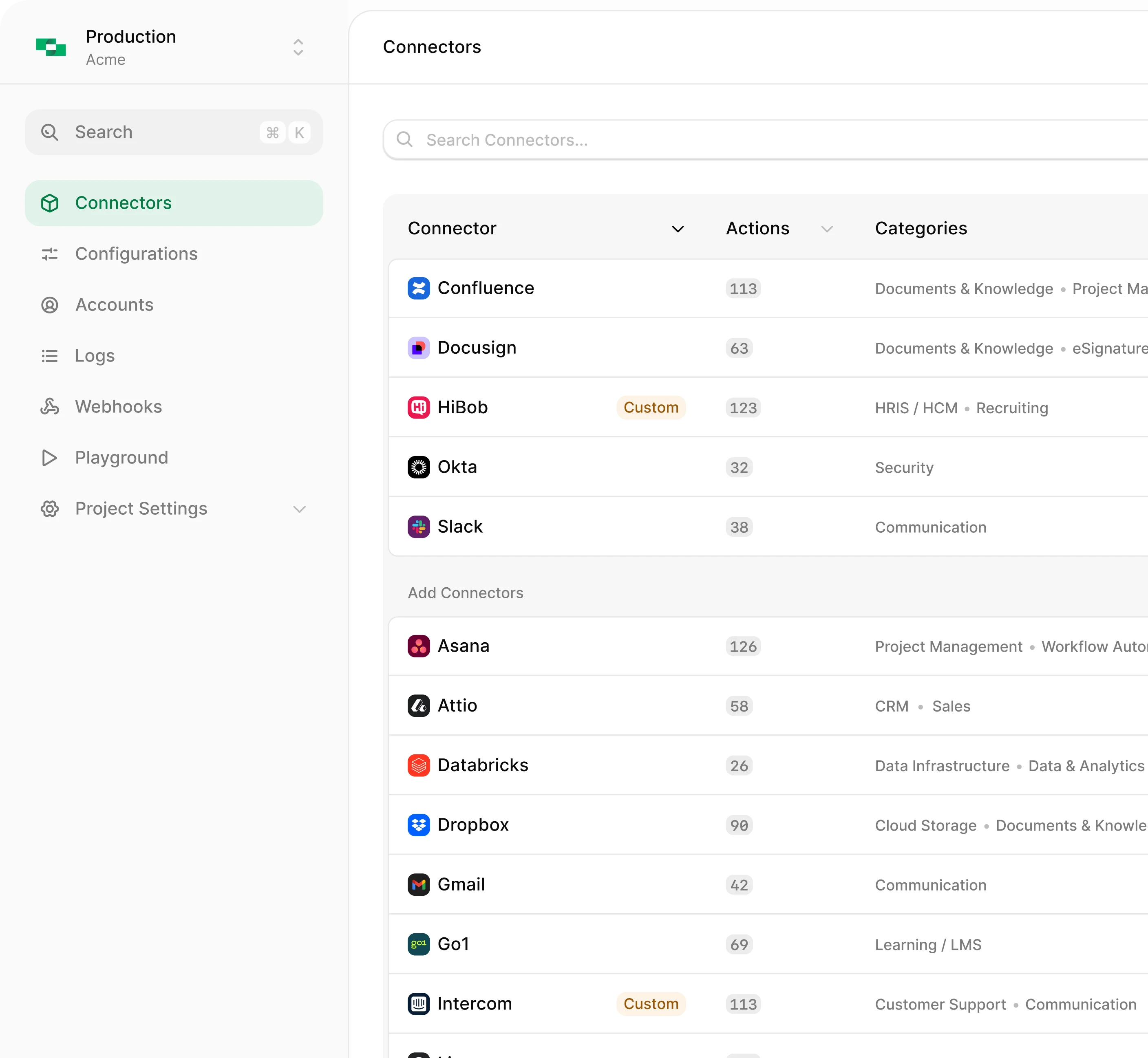 StackOne Platform connector browser showing 200+ pre-built connectors