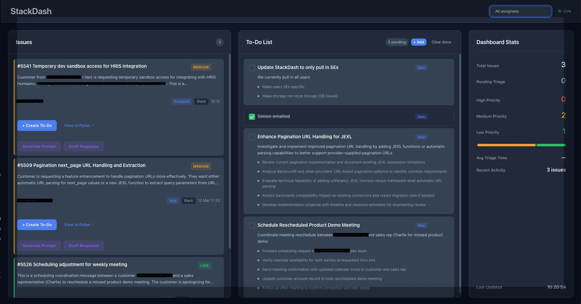StackDash dashboard with three columns: customer issues sorted by priority with Generate Prompt and Draft Response buttons, a to-do list with pending tasks, and dashboard stats showing total issues across medium and low priority